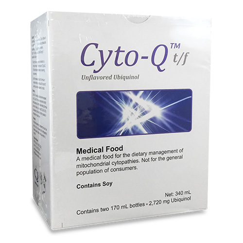 Two bottles of Cyto-Q t/f Ubiquinol Medical Food for Mitochondrial Cytopathies in a white box, Unflavored Liquid, Net 340 mL