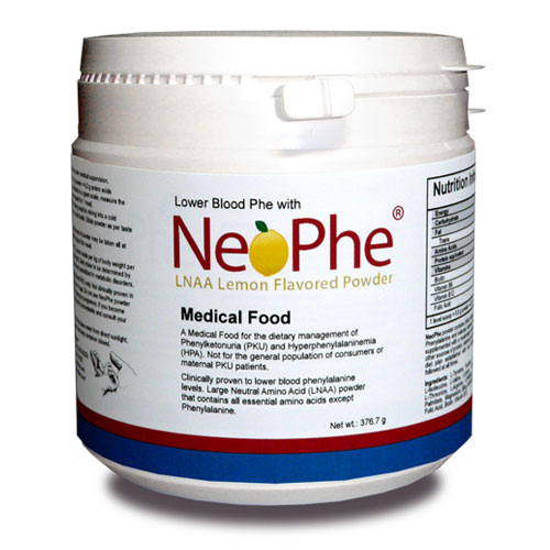 Tub of NeoPhe LNAA Lemon Flavored Powder, Medical Food for Phenylketonuria and Hyperphenylalaninemia, Net Weight 376.7g
